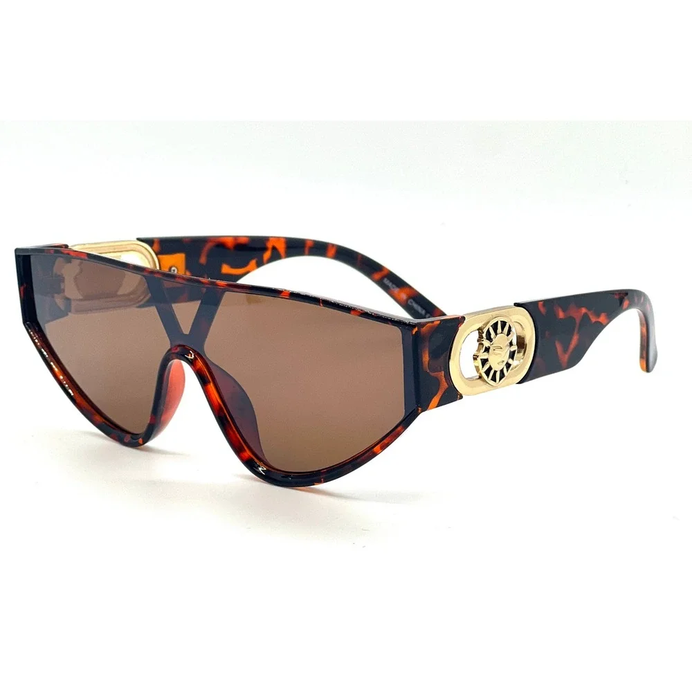 Flat Top One Piece Shield Round Bottom Side Coin Hip Hop Sunglasses Tortoise New